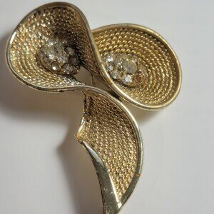 Modernistic Bow with Rhinestones Gold Plated over Rhodium Statement Brooch Unsig